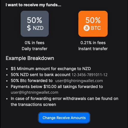 Lightning Pay's Split Payments feature with 50% of payments converted to NZD