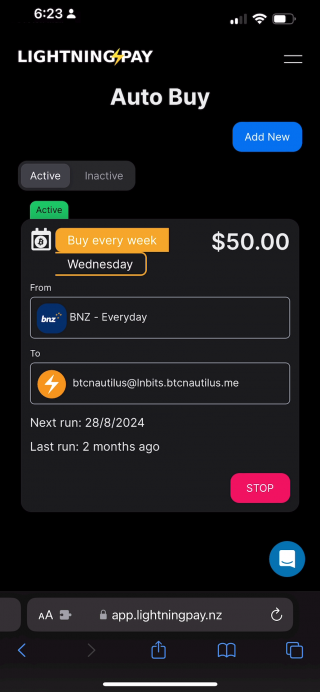Mobile page listing active Lightning Pay Auto-Buys