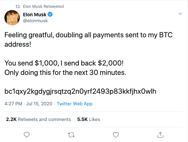 A tweet from the compromised account of Elon Musk, attempting to scam Twitter users with Bitcoin.
